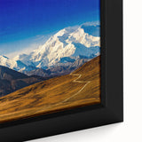 Extra large framed canvas of Denali, Alaska with textured black and colorful art, ideal for living room decor.