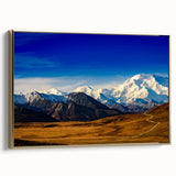 Framed canvas of Denali, Alaska landscape in muted earth tones, ideal for bedroom wall art.