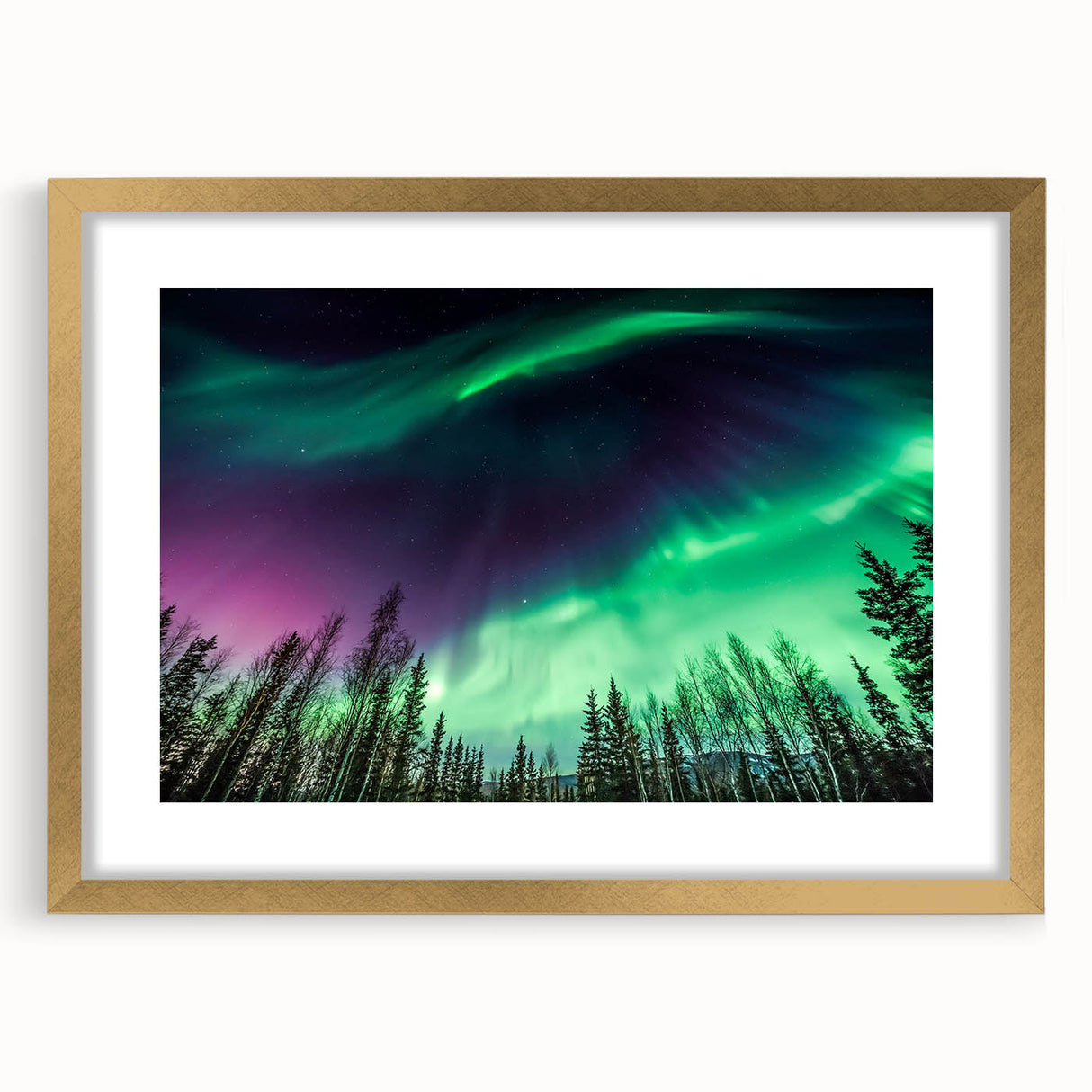Extra large abstract art print of Alaskan scenery in gold frame, featuring textured blue and gray tones.
