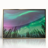 Large art print of an Alaska landscape in mid-century modernist style, framed in gold acrylic.