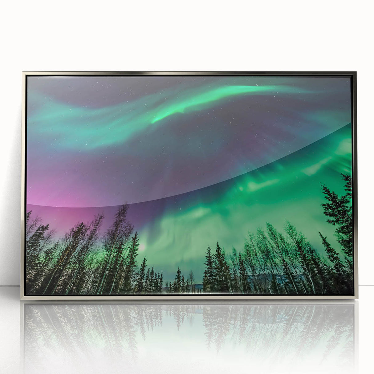 Mid-century modernist art depicting a serene Alaskan landscape in muted earth tones on a framed acrylic print.