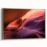 Framed canvas of Antelope Canyon in Arizona, featuring orange and gold hues, ideal for bedroom wall art.