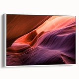 Vintage poster art of Antelope Canyon in vibrant orange and red tones on a framed canvas, ideal for living room decor.