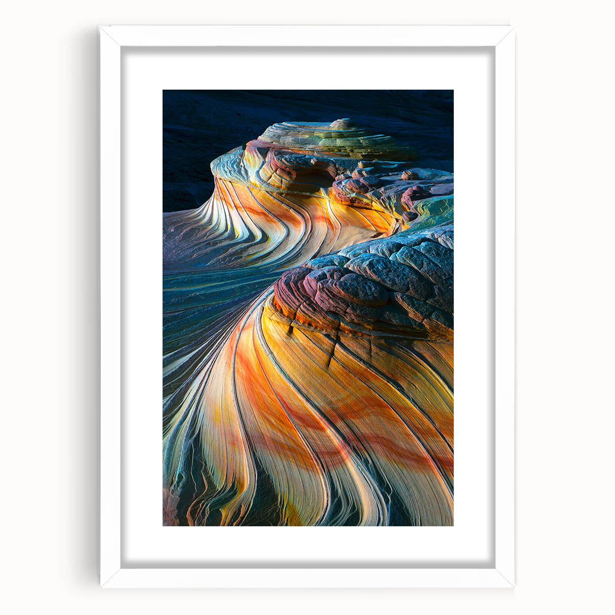 Abstract art print of Coyote Buttes in Arizona, featuring earthy red and orange tones on a white matted frame.
