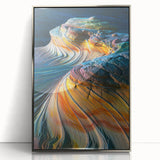 Mid-century modernist art depicting Arizona's Coyote Buttes in muted earth tones on a silver-framed acrylic.