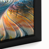 Framed canvas featuring textured, colorful art of Coyote Buttes in Arizona, using black and vibrant hues.