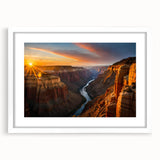 Abstract art print of the Grand Canyon in muted earth tones on a framed white mat, suitable for bedroom or dining room decor.