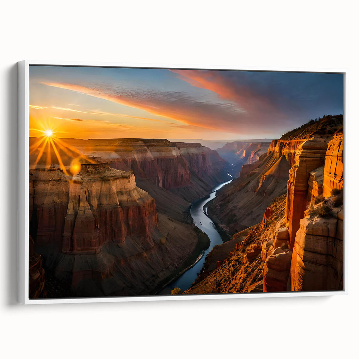 Vintage poster art of the Grand Canyon on a framed canvas, featuring a colorful palette, ideal for living room decor.