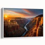 Vintage poster art of the Grand Canyon on a framed canvas, featuring a colorful palette, ideal for living room decor.
