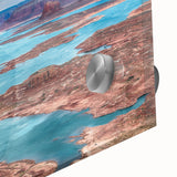 Large abstract depiction of Lake Powell in muted earth tones on acrylic glass, suitable as dining room art.