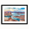 Extra large abstract art print of Lake Powell with textured, colorful art in vibrant hues, framed in black.