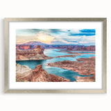 Textured art depicting abstract Lake Powell in muted blue and gray tones, framed in silver, ideal for bedroom wall decor.