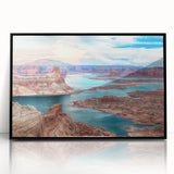 Large abstract wall art of Lake Powell in muted blue and gray tones on a framed acrylic, ideal for modern art wall decor.