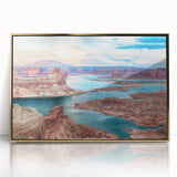 Mid-century modernist style large art print of Lake Powell, Arizona, in gold-framed acrylic, featuring earthy tones.