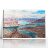 Acrylic print of Lake Powell with muted blue and tan colors in a white frame, suitable as modern art wall decor.