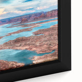 Extra large framed canvas featuring a textured depiction of Lake Powell, Arizona, with black and colorful art accents.