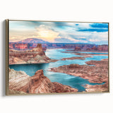 Framed canvas depicting Lake Powell, Arizona in muted earth tones, ideal for bedroom wall art.