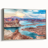 Framed canvas landscape art painting of Lake Powell with a vintage poster style in black and colorful hues.