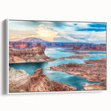 Vintage poster art of Lake Powell on a framed canvas, featuring vivid blue and orange tones, ideal for living room decor.