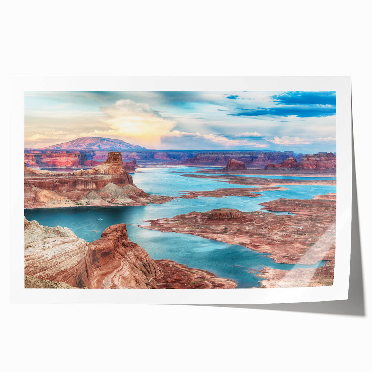 Rolled print of Lake Powell in Arizona, featuring vivid blue and earth tones, ideal for art wall dining room decor.
