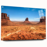 Monument Valley landscape on acrylic glass, in earth tones, suitable for bedroom or dining room decor.