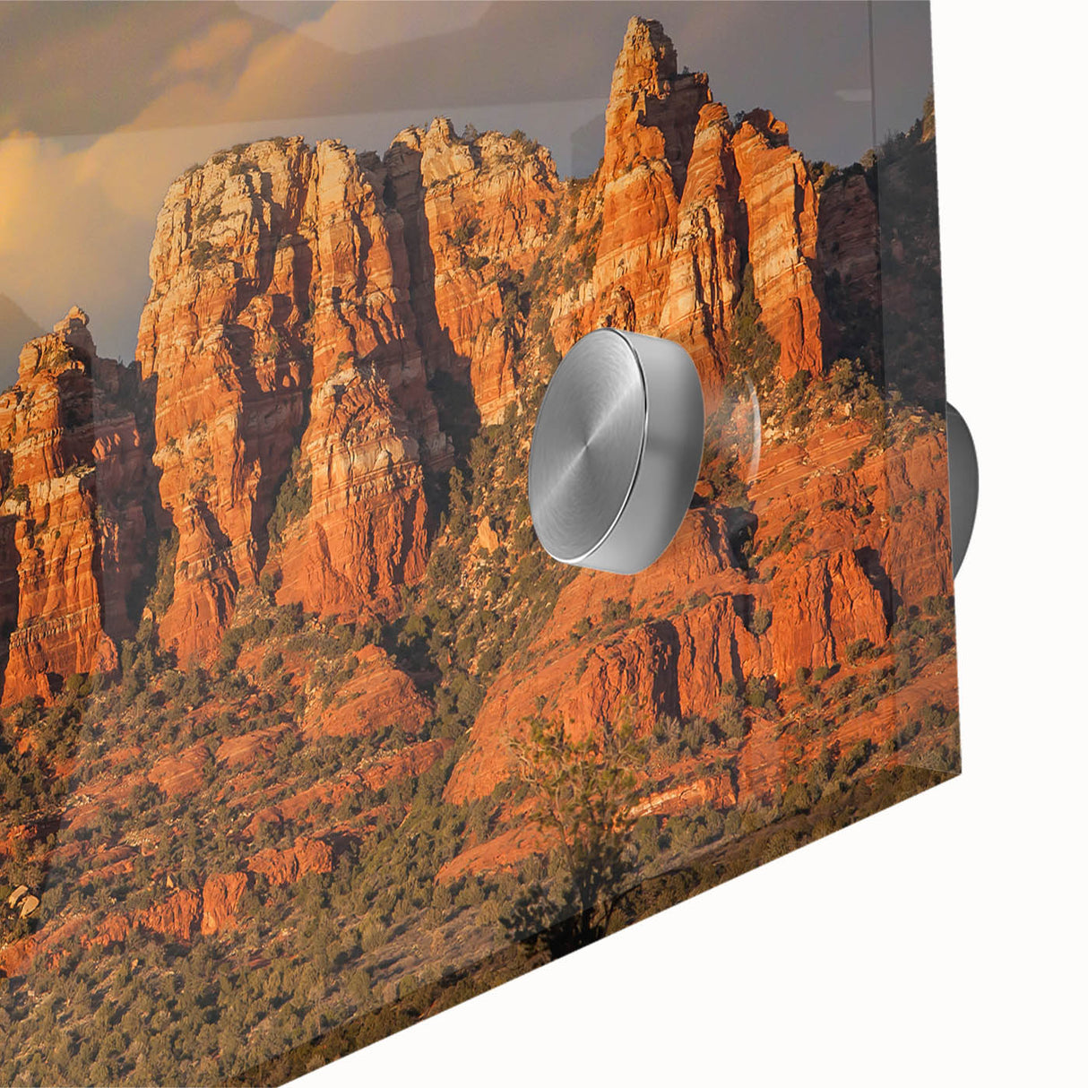 Large abstract wall art depicting the Sedona, Arizona landscape in muted earth tones on acrylic glass.