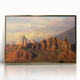 Large art print of Sedona landscape in acrylic with gold frame, featuring muted earth tones, ideal for modern art wall decor.