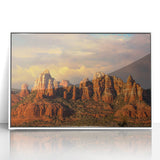 Acrylic print of Sedona, Arizona landscape in muted earth tones, framed in white, suitable for modern art wall decor.