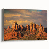 Framed canvas landscape art painting of Sedona, Arizona, featuring vibrant red and orange tones, ideal for living room decor.