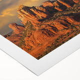 Art deco poster of Sedona landscape in earthy red and orange tones on rolled canvas, suitable for dining room decor.