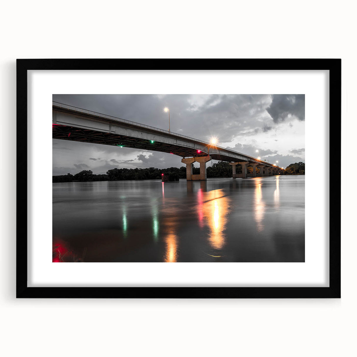 Extra large abstract art print of colorful, textured scenery of Arkansas, framed in black, ideal for living room decor.