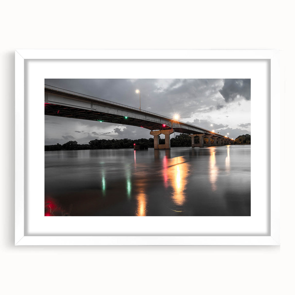 Abstract art print of Arkansas scenery in muted green and blue shades on a white framed mat, suitable for dining room decor.