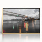 Mid-century modernist style Arkansas scenery on a framed acrylic print with gold hues, suitable for modern art wall decor.