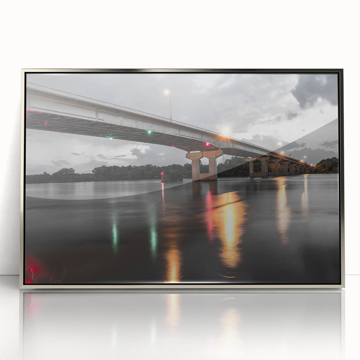 Mid-century modernist art depicting a serene Arkansas landscape in muted earth tones, silver-framed acrylic print.