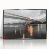 Mid-century modernist art depicting a serene Arkansas landscape in muted earth tones, silver-framed acrylic print.