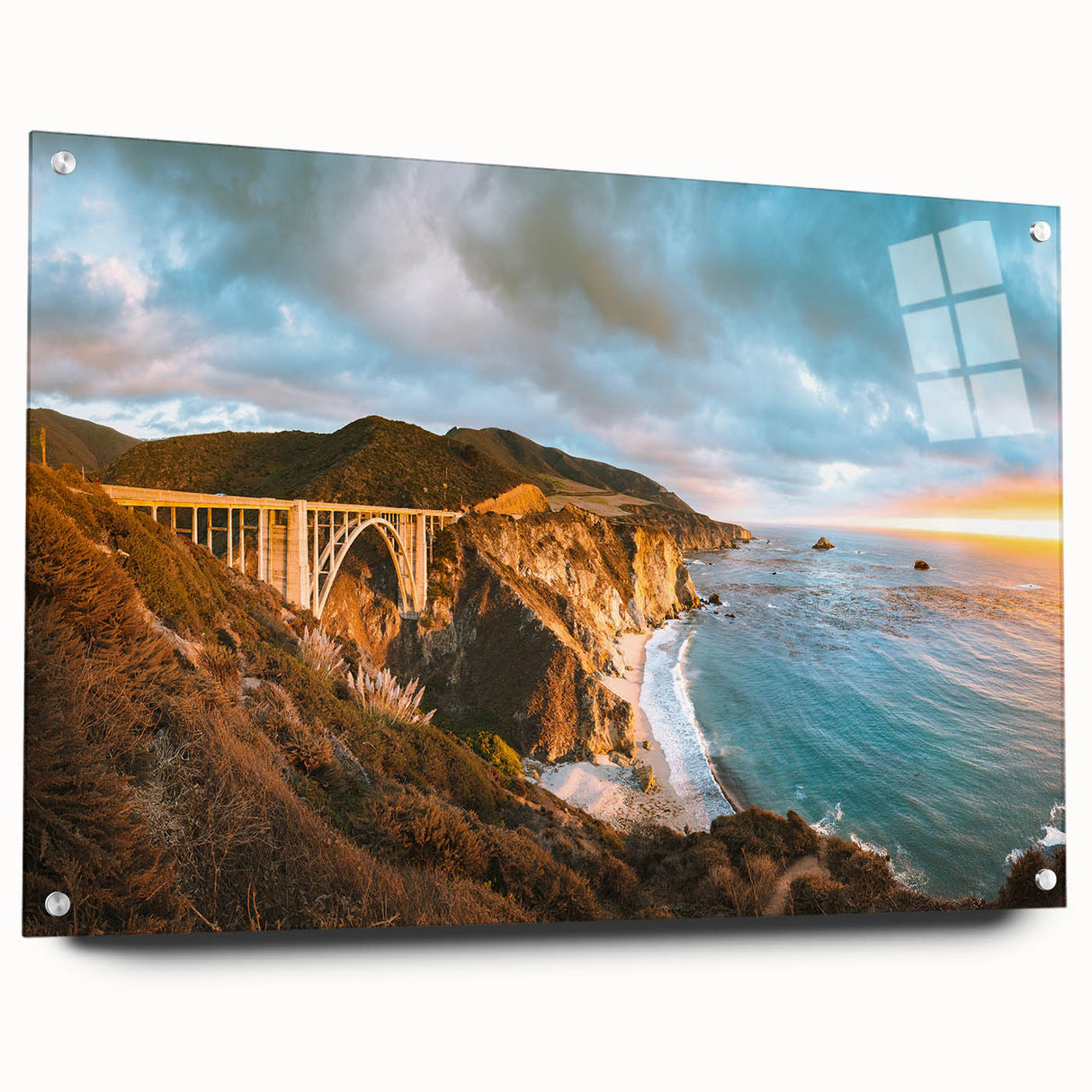 Acrylic print of Big Sur coastline with vivid blue and turquoise tones, ideal for dining room decor.