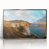 Mid-century modernist art depicting California's Big Sur in muted earth tones on a framed acrylic print.