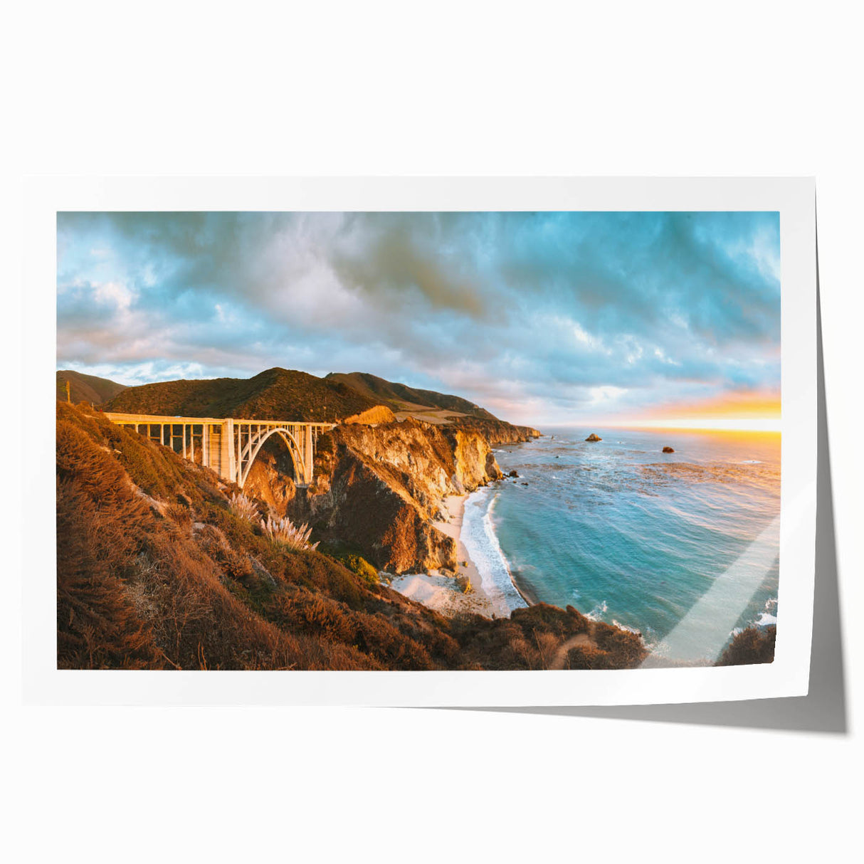 Rolled print of Big Sur coastline in muted earth tones, ideal for art wall dining room.