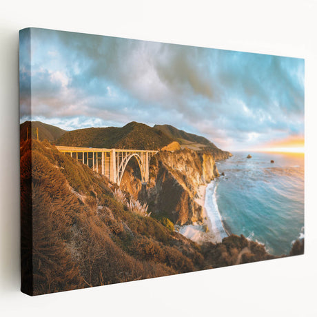 Large art print of California's Big Sur coastline in soft pastel hues on stretched canvas, ideal for kitchen wall art.