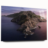 Large abstract wall art of Catalina, California in muted blue and green shades on acrylic glass.