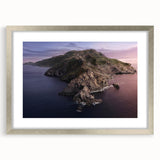 Textured art print of abstract Catalina scenery in muted blue and beige tones on a framed silver mat.