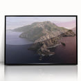 Large abstract wall art depicting a stylized Catalina, California scene in muted earth tones on a black framed acrylic print.
