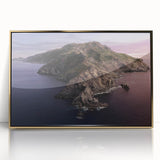 Large art print of Catalina, California on acrylic, framed in gold, featuring mid-century modernist style.