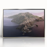 Mid-century modernist art depicting Catalina, California, with muted earth tones on a silver-framed acrylic print.