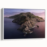 Vintage poster art of Catalina, California in vibrant colors on a large framed canvas, ideal for living room decor.