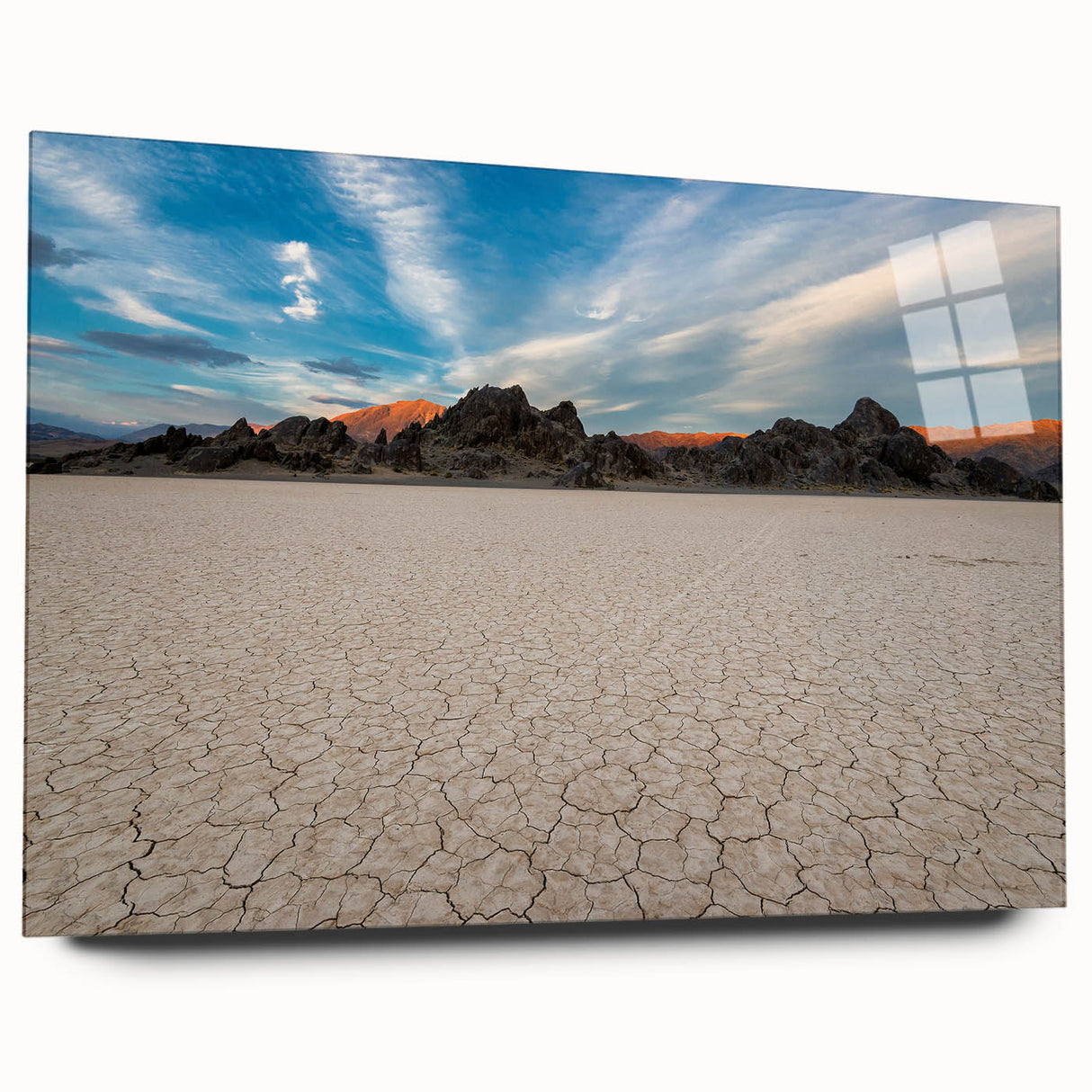 Large abstract depiction of Death Valley in muted earth tones on acrylic glass, suitable for bedroom or dining room art.