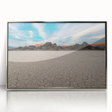 Mid-century modernist art of Death Valley in muted earth tones on a silver-framed acrylic print.
