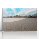 Modern art wall decor featuring a serene Death Valley landscape in muted earth tones on a framed acrylic.