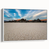 Vintage poster art of Death Valley in vibrant colors on a large framed canvas, ideal for living room decor.