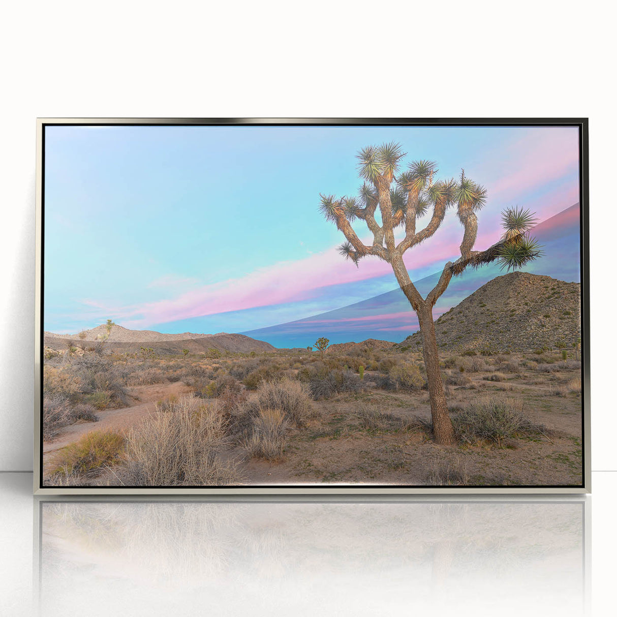Mid-century modernist art depicting Joshua Tree landscape in earth tones on a framed acrylic print.